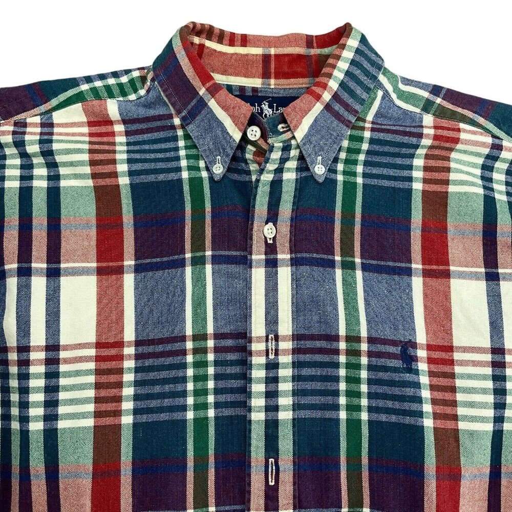 Ralph Lauren Shirt Men Medium Red Blue Plaid Pony Woven Cotton Twill Heavy